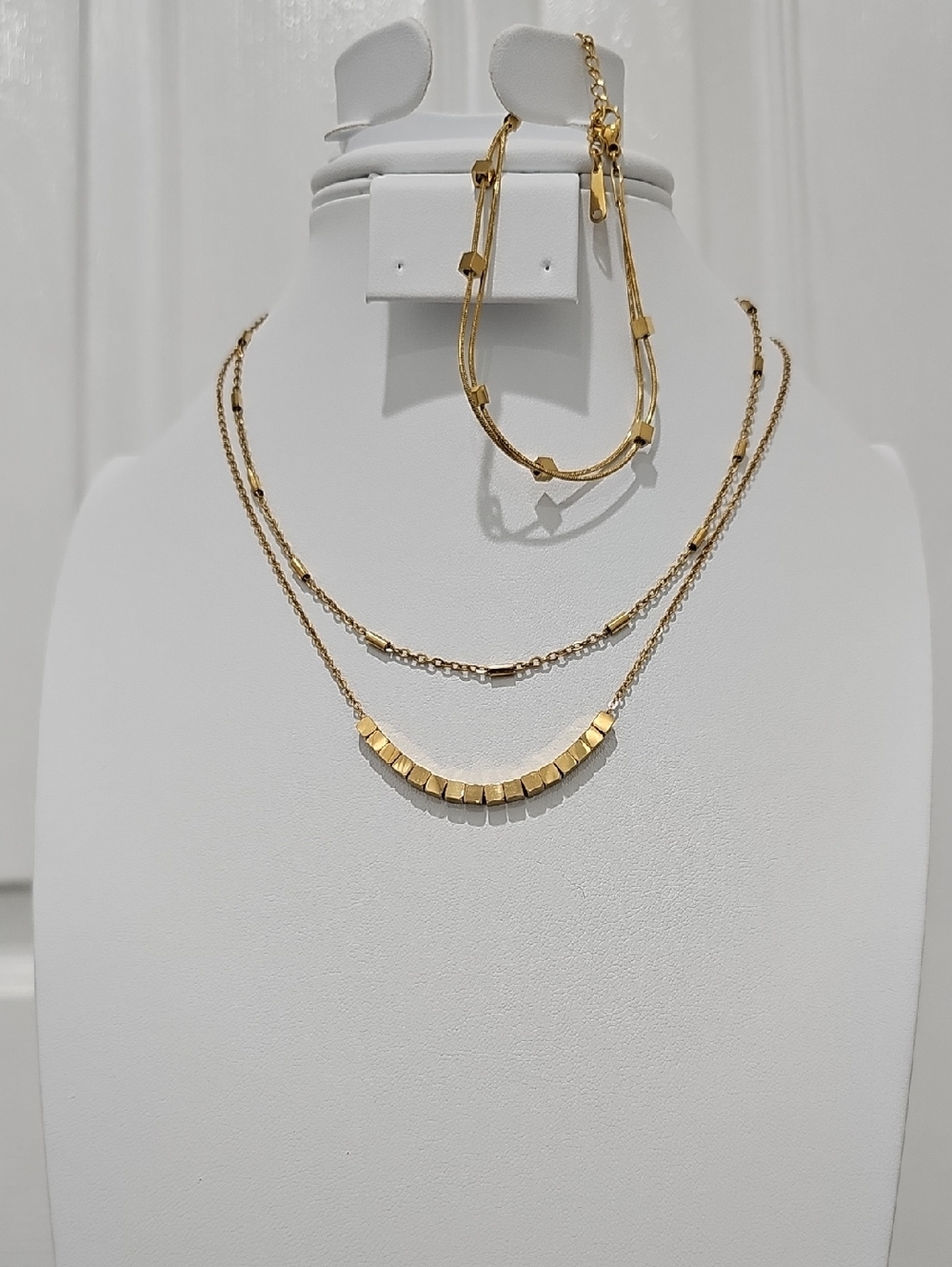 18k Gold Stainless Steel Multi-Layer Geometric Necklace and Bracelet Set